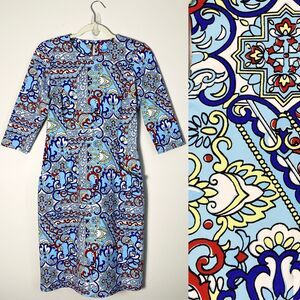J. McLaughlin Catalyst Sheath Dress XS Blue Red White Print 3/4 Sleeve
